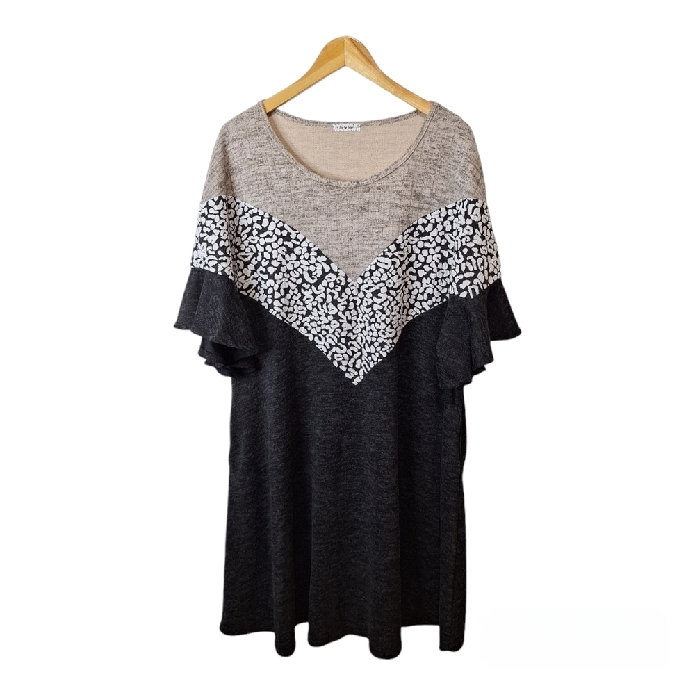 Story Teller Womens Pullover Tunic Dress 3X Mixed Print Ruffle Sleeve Pockets